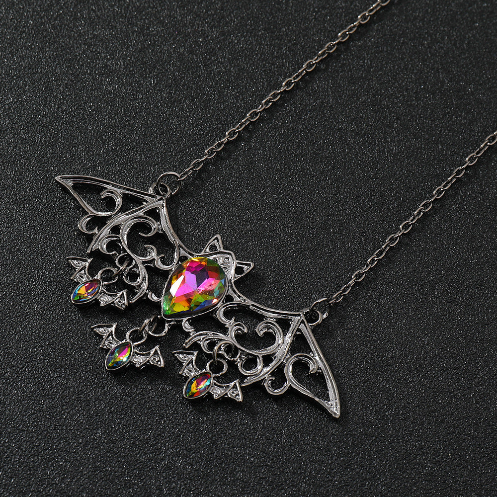 Wholesale Halloween Gothic Colorful Crystal Demon Bat Alloy Pendant Necklace